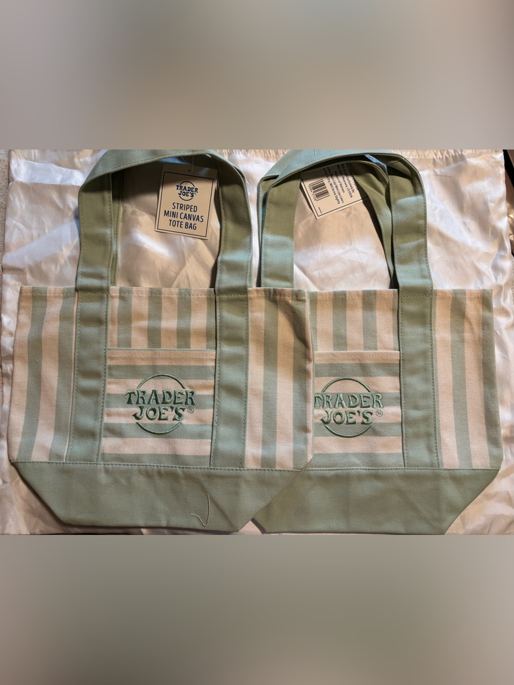 Set of Two Trader Joe's Mint Stripe Canvas Tote Bags